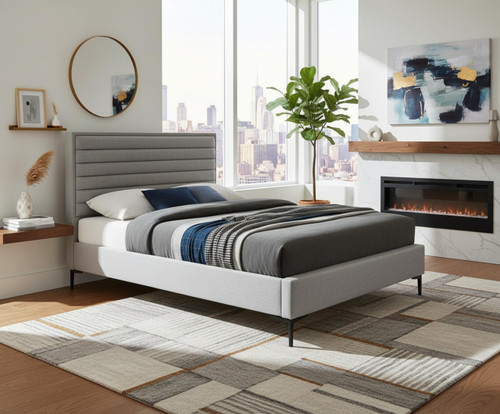 HunterGrey-F Hunter Collection Modern | Contemporary Durable Linen Textured Fabric Bed, Horizontal Channel Tufting, Matte Black Legs, 57" W x 82" D x 46" H, Grey, Full