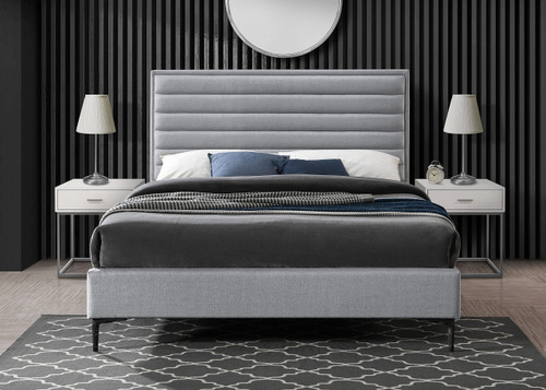 HunterGrey-F Hunter Collection Modern | Contemporary Durable Linen Textured Fabric Bed, Horizontal Channel Tufting, Matte Black Legs, 57" W x 82" D x 46" H, Grey, Full