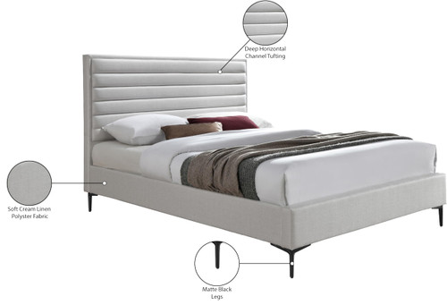 HunterCream-Q Hunter Collection Modern | Contemporary Durable Linen Textured Fabric Bed, Horizontal Channel Tufting, Matte Black Legs, 62.5" W x 86.5" D x 46" H, Cream, Queen