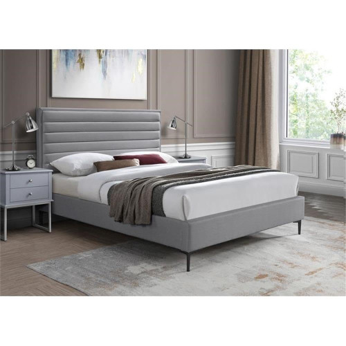 HunterGrey-Q Hunter Collection Modern | Contemporary Durable Linen Textured Fabric Bed, Horizontal Channel Tufting, Matte Black Legs, 62.5" W x 86.5" D x 46" H, Grey, Queen