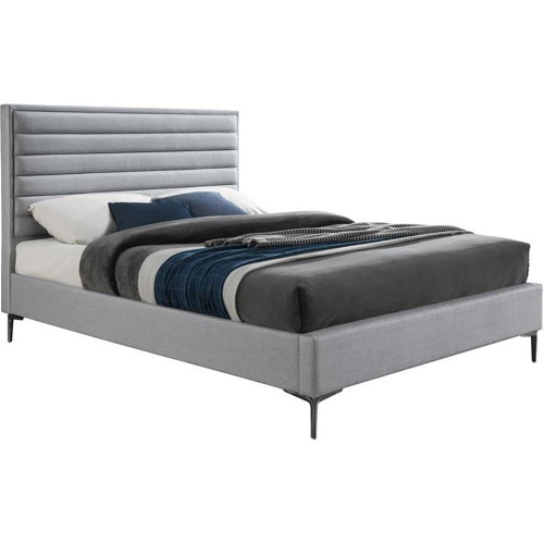 HunterGrey-Q Hunter Collection Modern | Contemporary Durable Linen Textured Fabric Bed, Horizontal Channel Tufting, Matte Black Legs, 62.5" W x 86.5" D x 46" H, Grey, Queen