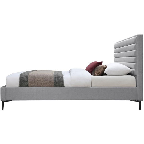 HunterGrey-Q Hunter Collection Modern | Contemporary Durable Linen Textured Fabric Bed, Horizontal Channel Tufting, Matte Black Legs, 62.5" W x 86.5" D x 46" H, Grey, Queen