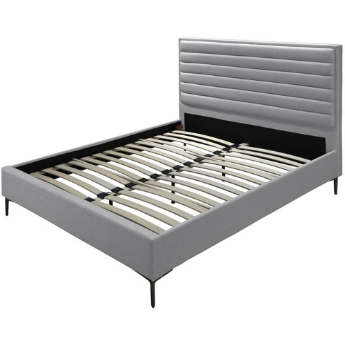 HunterGrey-Q Hunter Collection Modern | Contemporary Durable Linen Textured Fabric Bed, Horizontal Channel Tufting, Matte Black Legs, 62.5" W x 86.5" D x 46" H, Grey, Queen