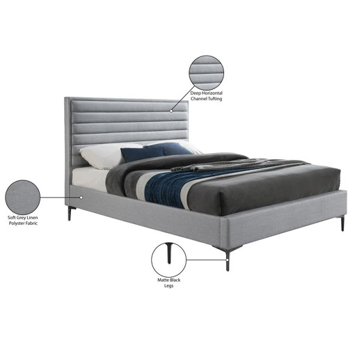 HunterGrey-Q Hunter Collection Modern | Contemporary Durable Linen Textured Fabric Bed, Horizontal Channel Tufting, Matte Black Legs, 62.5" W x 86.5" D x 46" H, Grey, Queen