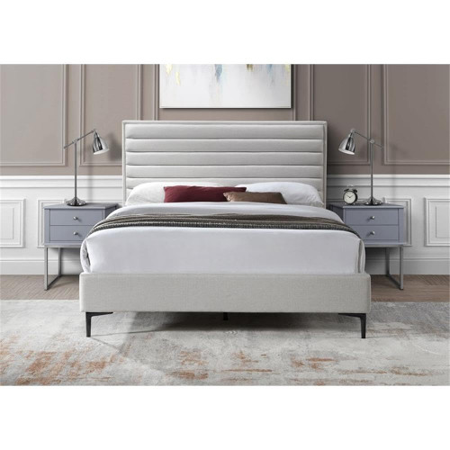 HunterCream-K Hunter Collection Modern | Contemporary Durable Linen Textured Fabric Bed, Horizontal Channel Tufting, Matte Black Legs, 79" W x 86.5" D x 46" H, Cream, King