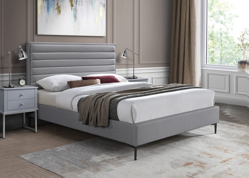 HunterGrey-K Hunter Collection Modern | Contemporary Durable Linen Textured Fabric Bed, Horizontal Channel Tufting, Matte Black Legs, 79" W x 86.5" D x 46" H, Grey, King