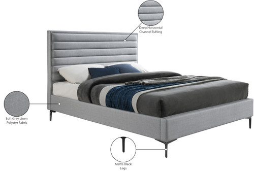 HunterGrey-K Hunter Collection Modern | Contemporary Durable Linen Textured Fabric Bed, Horizontal Channel Tufting, Matte Black Legs, 79" W x 86.5" D x 46" H, Grey, King