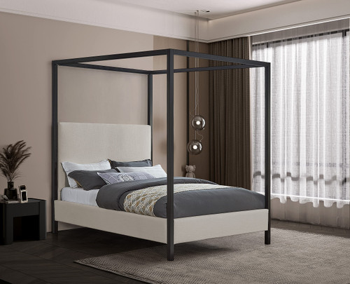 JamesBeige-F James Collection Modern | Contemporary Full Bed with Beige Linen Textured Fabric, Matte Black Steel Canopy, Full Slats, 59" W x 80" D x 86" H, Beige, Full