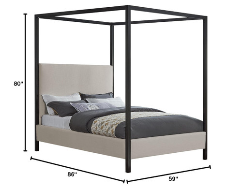 JamesBeige-F James Collection Modern | Contemporary Full Bed with Beige Linen Textured Fabric, Matte Black Steel Canopy, Full Slats, 59" W x 80" D x 86" H, Beige, Full