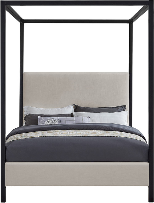 JamesBeige-F James Collection Modern | Contemporary Full Bed with Beige Linen Textured Fabric, Matte Black Steel Canopy, Full Slats, 59" W x 80" D x 86" H, Beige, Full