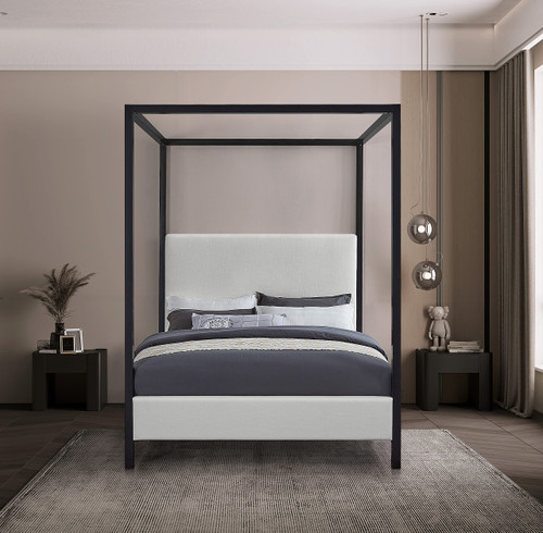 JamesBeige-F James Collection Modern | Contemporary Full Bed with Cream Linen Textured Fabric, Matte Black Steel Canopy, Full Slats, 59" W x 80" D x 86" H, Cream, Full