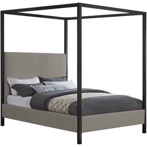 JamesCream-Q James Collection Modern | Contemporary Queen Bed with Grey Linen Textured Fabric, Matte Black Steel Canopy, Full Slats, 65" W x 85" D x 86" H, Grey, Queen