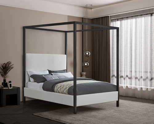 JamesBeige-K James Collection Modern | Contemporary King Bed with Cream Linen Textured Fabric, Matte Black Steel Canopy, Full Slats, 81" W x 85" D x 86" H, Cream, King