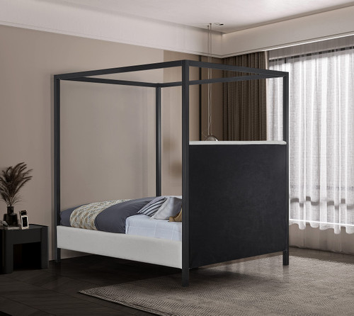 JamesBeige-K James Collection Modern | Contemporary King Bed with Cream Linen Textured Fabric, Matte Black Steel Canopy, Full Slats, 81" W x 85" D x 86" H, Cream, King