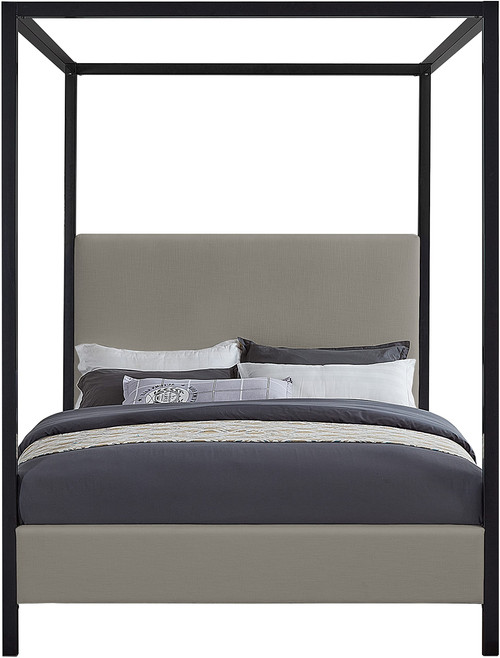 JamesCream-K James Collection Modern | Contemporary King Bed with Grey Linen Textured Fabric, Matte Black Steel Canopy, Full Slats, 81" W x 85" D x 86" H, Grey, King