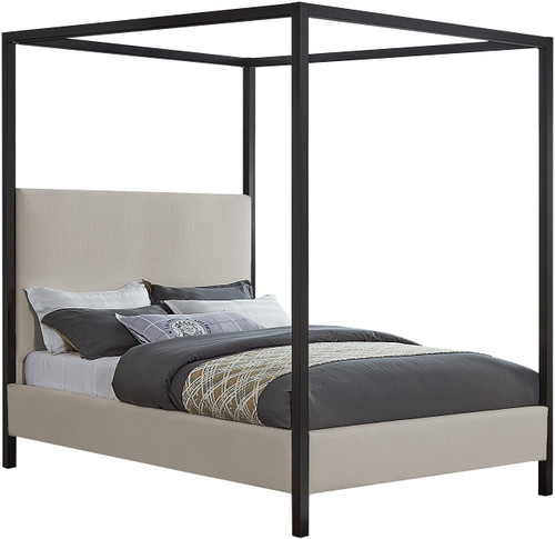 JamesGrey-K James Collection Modern | Contemporary King Bed with Beige Linen Textured Fabric, Matte Black Steel Canopy, Full Slats, 81" W x 85" D x 86" H, Beige, King