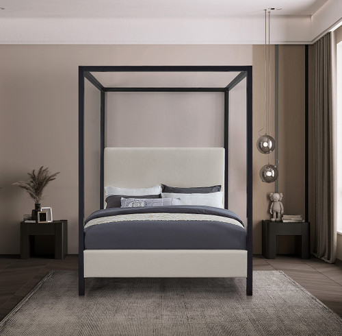 JamesGrey-K James Collection Modern | Contemporary King Bed with Beige Linen Textured Fabric, Matte Black Steel Canopy, Full Slats, 81" W x 85" D x 86" H, Beige, King
