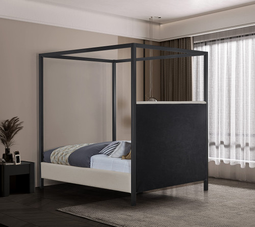 JamesGrey-K James Collection Modern | Contemporary King Bed with Beige Linen Textured Fabric, Matte Black Steel Canopy, Full Slats, 81" W x 85" D x 86" H, Beige, King
