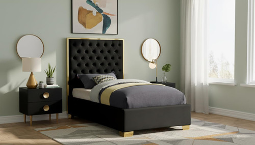 Lana Collection Modern | Contemporary Velvet Upholstered Bed with Deep Detailed Tufting and Gold Legs, Twin, Black