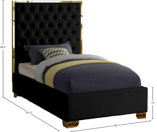 Lana Collection Modern | Contemporary Velvet Upholstered Bed with Deep Detailed Tufting and Gold Legs, Twin, Black