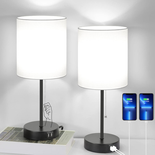 Bedside Table Lamps Set of 2 with USB Charging Ports and AC Outlet, White