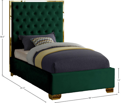 Lana Collection Modern | Contemporary Velvet Upholstered Bed with Deep Detailed Tufting and Gold Legs, Twin, Green