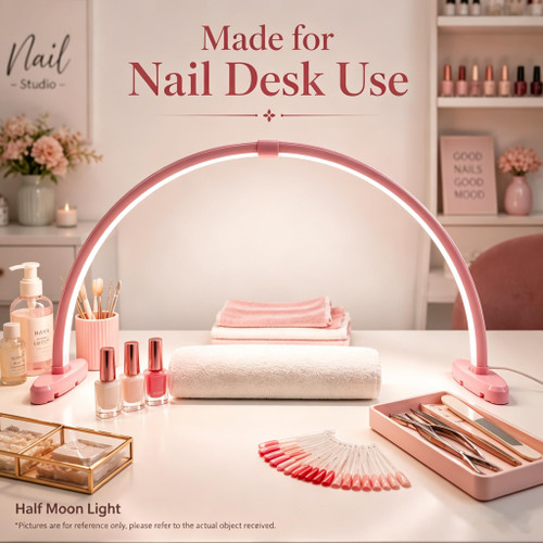 Half Moon Nail Desk Lamp, 23” Foldable Nail Tech Light, 10-Level Dimming & 3 Color Temperatures, Pink Arch Light for Manicure, Eyelash, Tattoo & Skin Care
