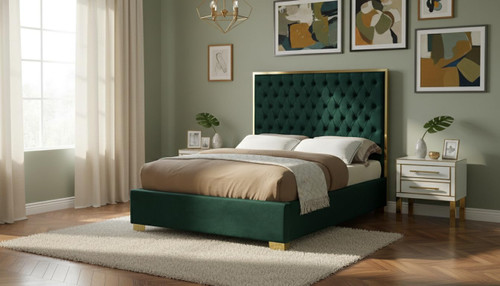 Lana Collection Modern | Contemporary Velvet Upholstered Bed with Deep Detailed Tufting and Gold Legs, Full, Green