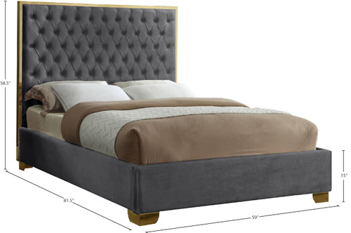 Lana Collection Modern | Contemporary Velvet Upholstered Bed with Deep Detailed Tufting and Gold Legs, Full, Grey