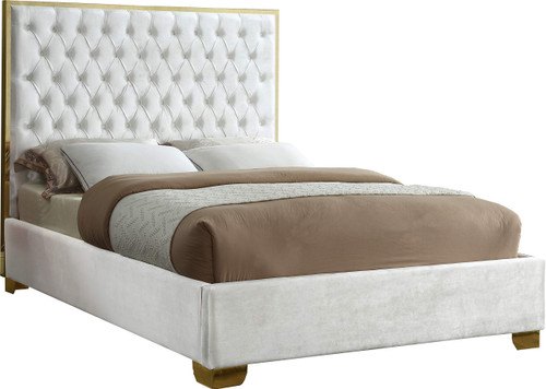 Lana Collection Modern | Contemporary Velvet Upholstered Bed with Deep Detailed Tufting and Gold Legs, Full, White