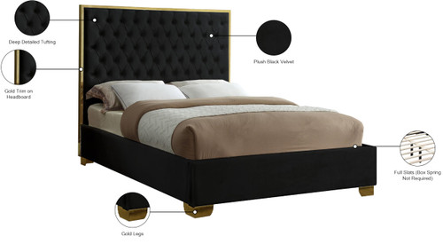 Lana Collection Modern | Contemporary Velvet Upholstered Bed with Deep Detailed Tufting and Gold Legs, Queen, Black