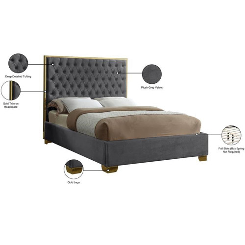 Lana Collection Modern | Contemporary Velvet Upholstered Bed with Deep Detailed Tufting and Gold Legs, Queen, Grey