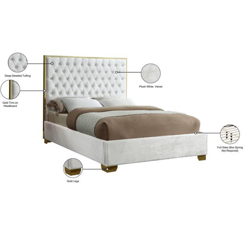 Lana Collection Modern | Contemporary Velvet Upholstered Bed with Deep Detailed Tufting and Gold Legs, Queen, White