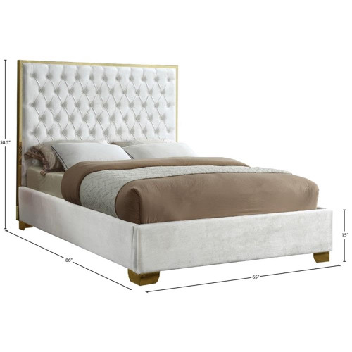 Lana Collection Modern | Contemporary Velvet Upholstered Bed with Deep Detailed Tufting and Gold Legs, Queen, White