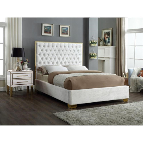 Lana Collection Modern | Contemporary Velvet Upholstered Bed with Deep Detailed Tufting and Gold Legs, King, White