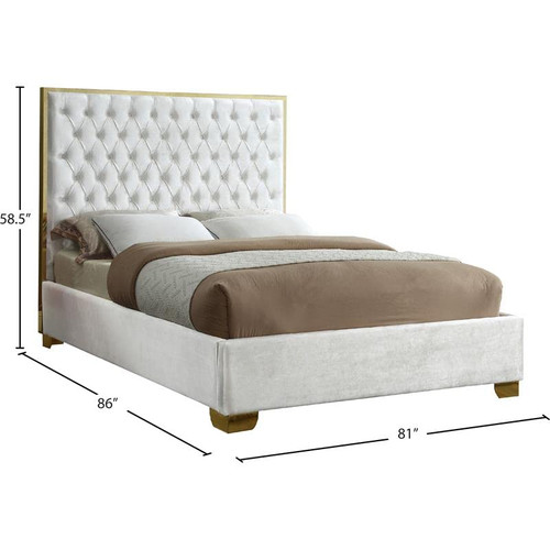 Lana Collection Modern | Contemporary Velvet Upholstered Bed with Deep Detailed Tufting and Gold Legs, King, White
