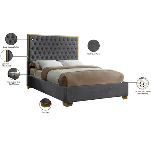 LanaGrey-K Lana Collection Modern | Contemporary Velvet Upholstered Bed with Button Tufted Headboard and Solid Wood Frame, Grey, King, 80.5" W x 86" D x 58.5" H