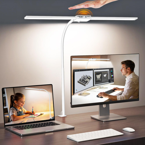 LED Desk Lamp, Dual Head Desk Light with Clamp, Eye-Care Table Lamp