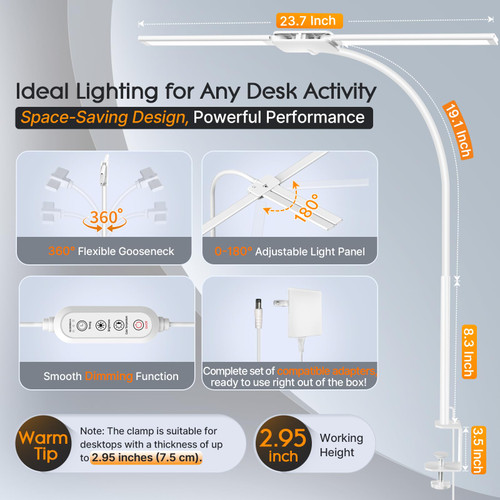 LED Desk Lamp, Dual Head Desk Light with Clamp, Eye-Care Table Lamp