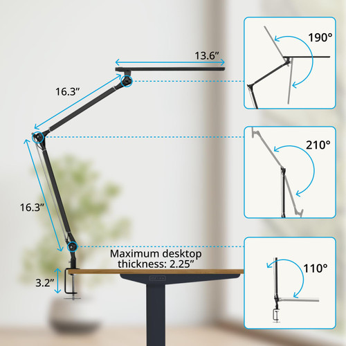 LED Desk Lamp with Clamp - Adjustable 3 Color Modes, Dimmable Black Architect Light for Standing Desk, Home Office, Dual Monitor Computer Work