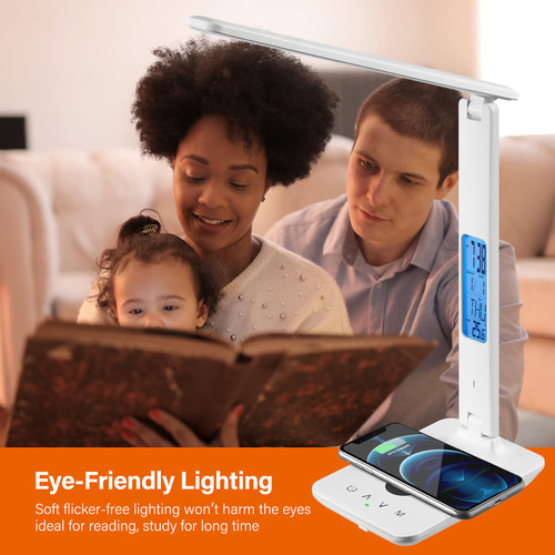 LED Desk Lamp with Wireless Charger, USB Charging Port, Office Table Lamp with Clock, Alarm, Date, Temperature for Home Office, White