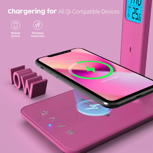 Desk Lamp, LED Desk Lamp with Wireless Charger, USB Charging Port, Table Lamp with Clock, Alarm, Date, Temperature, Office Lamp, Desk Lamps for Home Office, Pink