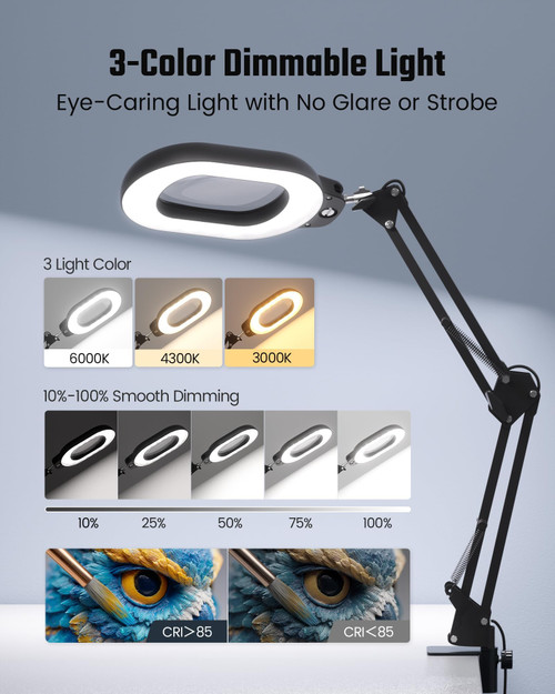 Square Magnifying Desk Lamp, Magnifying Glass with Light and Stand