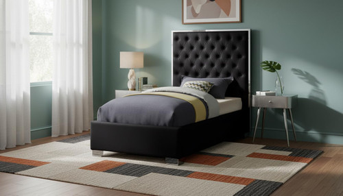 Lexi Collection Modern | Contemporary Velvet Upholstered Bed with Deep Tufting, Polished Chrome Stainless Steel Frame and Legs, Twin, Black