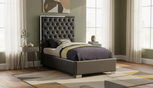 Lexi Collection Modern | Contemporary Velvet Upholstered Bed with Deep Tufting, Polished Chrome Stainless Steel Frame and Legs, Twin, Grey