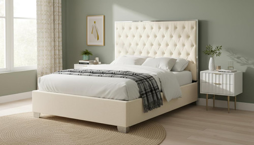 Lexi Collection Modern | Contemporary Velvet Upholstered Bed with Deep Tufting, Polished Chrome Stainless Steel Frame and Legs, Full, White