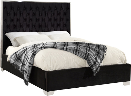 Lexi Collection Modern | Contemporary Velvet Upholstered Bed with Deep Tufting, Polished Chrome Stainless Steel Frame and Legs, Queen, Black