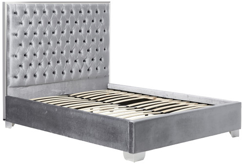 Lexi Collection Modern | Contemporary Velvet Upholstered Bed with Deep Tufting, Polished Chrome Stainless Steel Frame and Legs, Queen, Grey