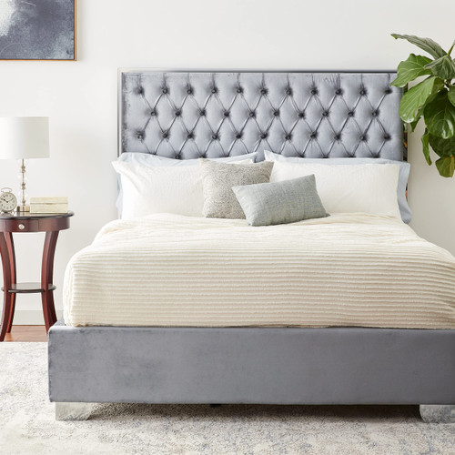 Lexi Collection Modern | Contemporary Velvet Upholstered Bed with Deep Tufting, Polished Chrome Stainless Steel Frame and Legs, Queen, Grey
