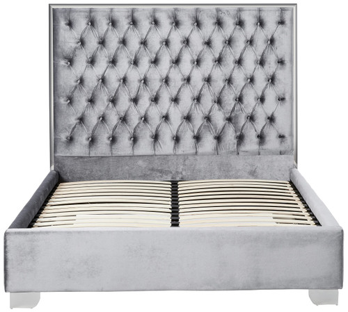 Lexi Collection Modern | Contemporary Velvet Upholstered Bed with Deep Tufting, Polished Chrome Stainless Steel Frame and Legs, Queen, Grey